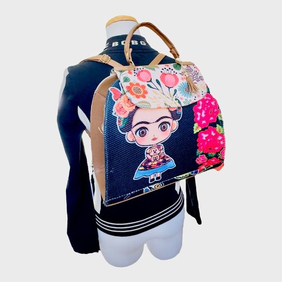 Artisan Made Frida Kahlo Canvas Faux Leather Tote Backpack From Coyoacan Mexico - Picture 4 of 9